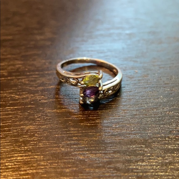 Triple Gem Stone Purple Green Blue 925 Sterling Silver Ring